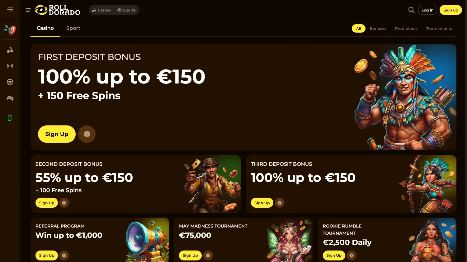 Rolldorado Casino desktop promotions interface showing recurring bonuses, cashback and activity rewards