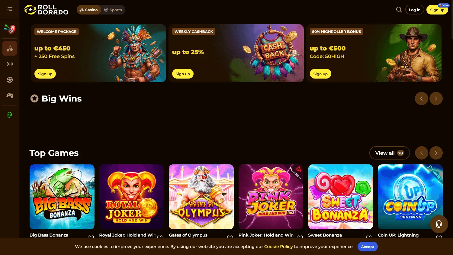 Rolldorado Casino desktop home interface with casino, live casino, promotions and account activity areas